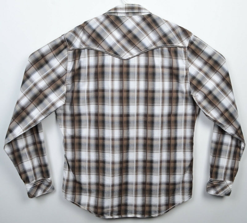 BKE Buckle Men's Large Athletic Fit Stretch Pearl Snap Brown Plaid Western Shirt