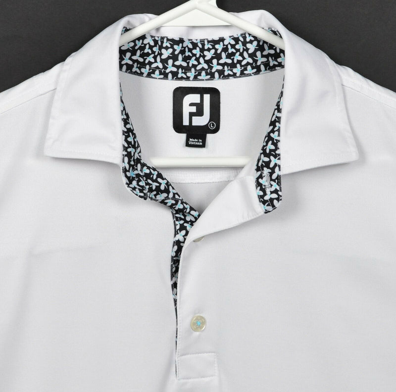 FootJoy Men's Large Solid White Floral Accent FJ Golf Wicking Polo Shirt