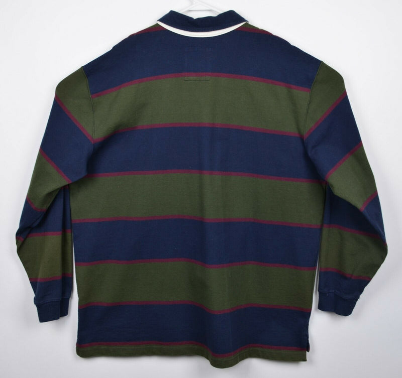 LL Bean Men's 2XL Green Navy Blue Chunky Stripe Rugby Polo Shirt