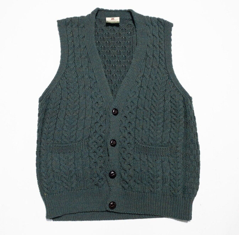 Carraig Donn Sweater Vest Adult Medium Cable-Knit Irish Merino Wool Green Button