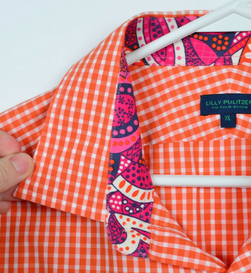 Lilly Pulitzer Men's XL Orange White Gingham Check Palm Beach Button-Front Shirt
