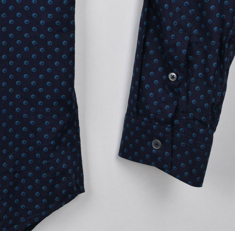 Paul Smith Men's Large Slim Fit Polka Dot Geometric Navy Blue Button-Front Shirt