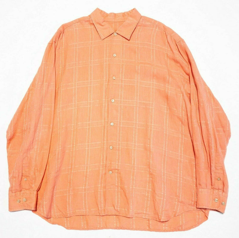 Tommy Bahama Linen Shirt Orange Plaid Long Sleeve Button-Front Men's 2XL