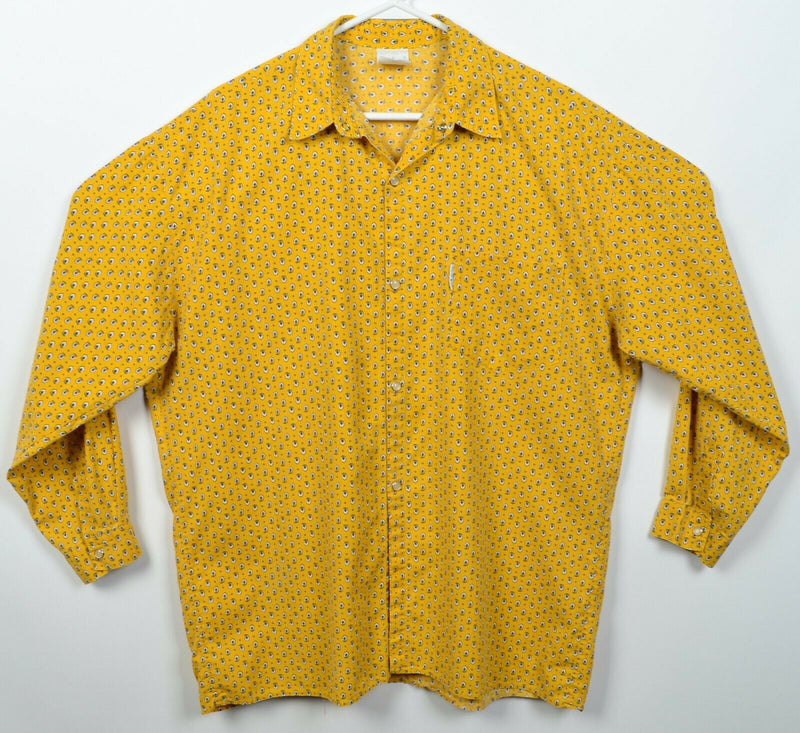 Vintage 80s Solymod French Men's XL Pearl Snap Floral Print Golden Yellow Shirt