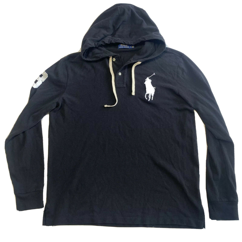 Polo Ralph Lauren Men's Large Big Pony Black 2-Button Pullover Shirt Hoodie