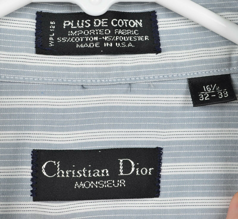 Vtg 80s Christian Dior Monsieur Men's 16.5 32/33 Blue Striped Logo Dress Shirt