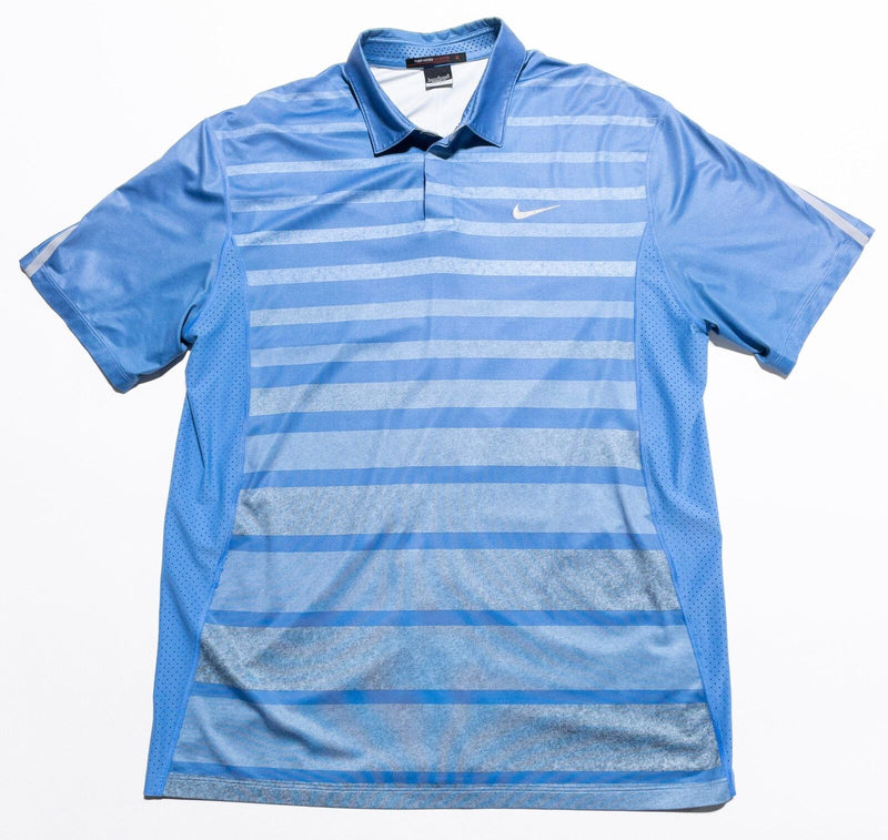 Nike Tiger Woods Golf Shirt Men's Large Blue Striped Snap Vented Wicking