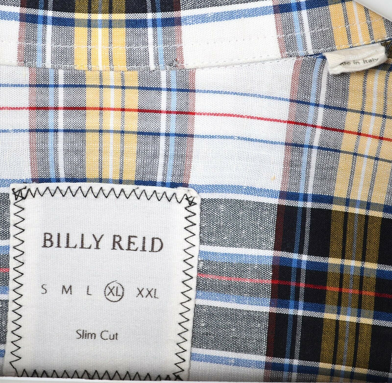 Billy Reid Men's XL Slim Cut Black Yellow Plaid Cotton Rayon Blend Italy Shirt