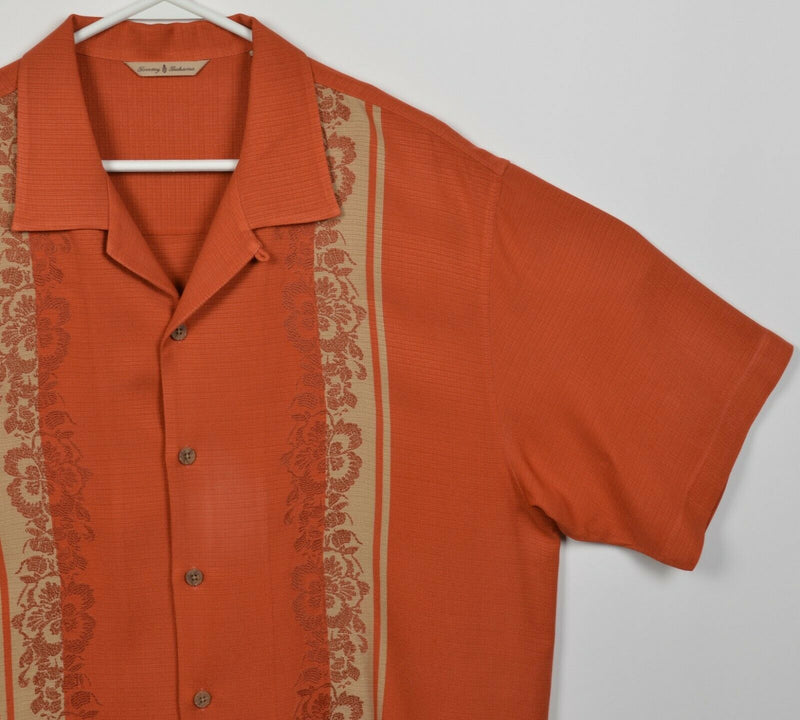 Tommy Bahama Men's Large 100% Silk Orange Striped Panel Hawaiian Bowling Shirt