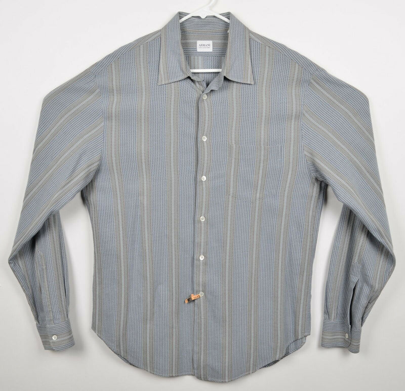 Armani Collezioni Men Large Cotton Viscose Blue Gray Striped Button-Front Shirt