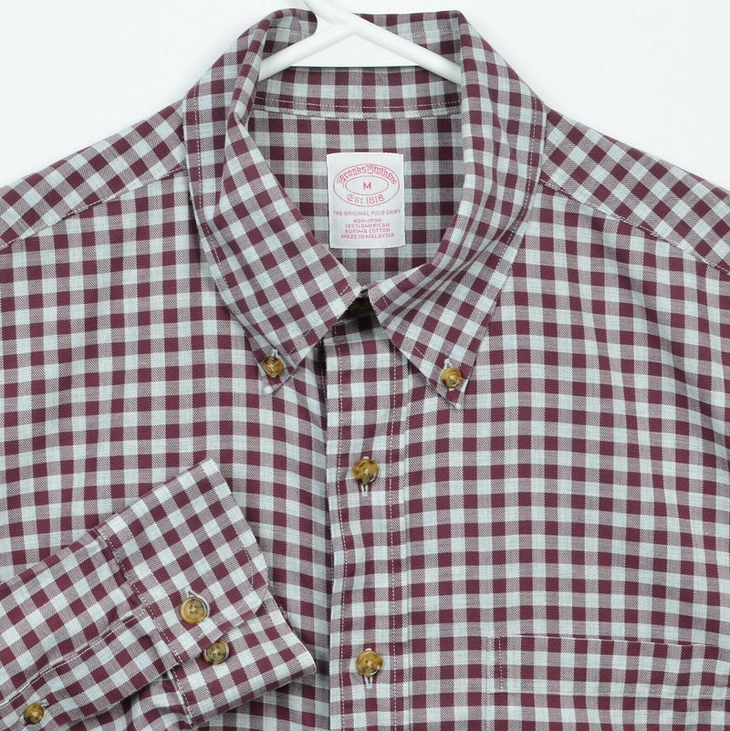 Brooks Brothers Men's Medium Red Gray Gingham Check Non-Iron Button-Down Shirt