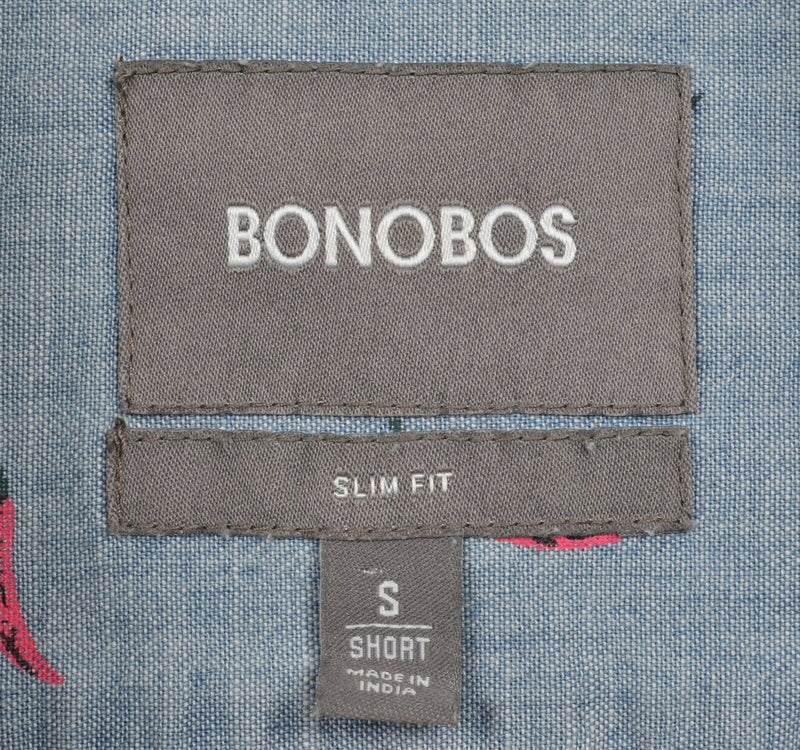 Bonobos Men's Small Slim Fit Red Pepper Print Blue Chambray Button-Down Shirt