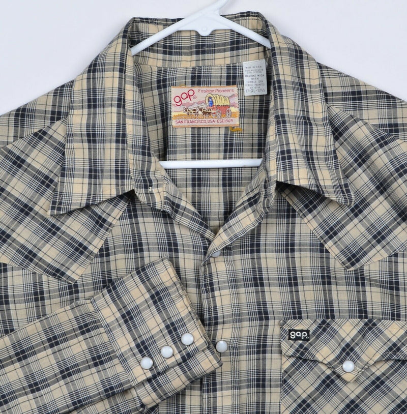 Vtg 70s GAP Men's Sz XL Pearl Snap Plaid Western Cowboy Rockabilly USA Shirt