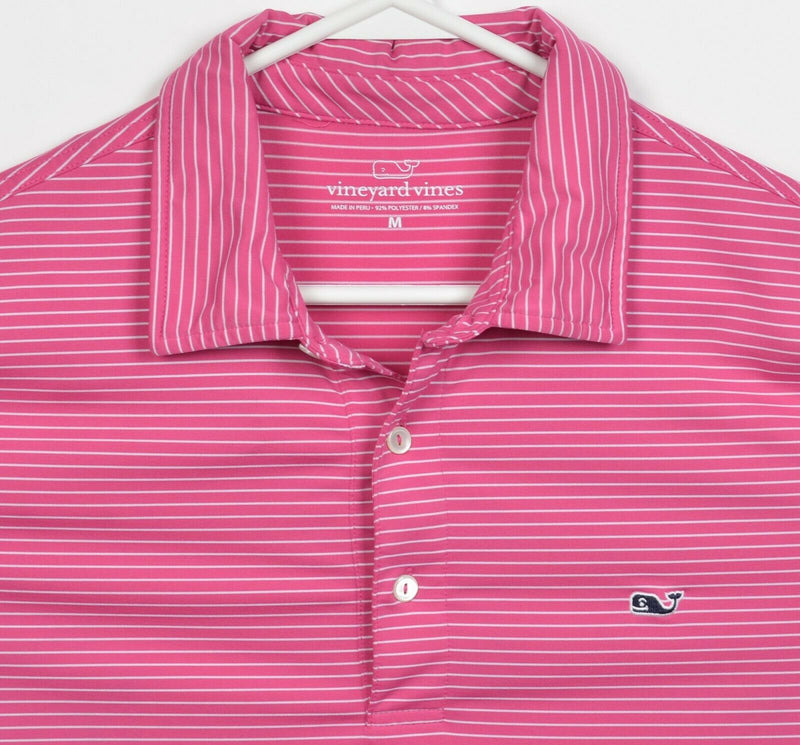 Vineyard Vines Men's Medium Pink Striped Whale Polyester Wicking Golf Polo Shirt