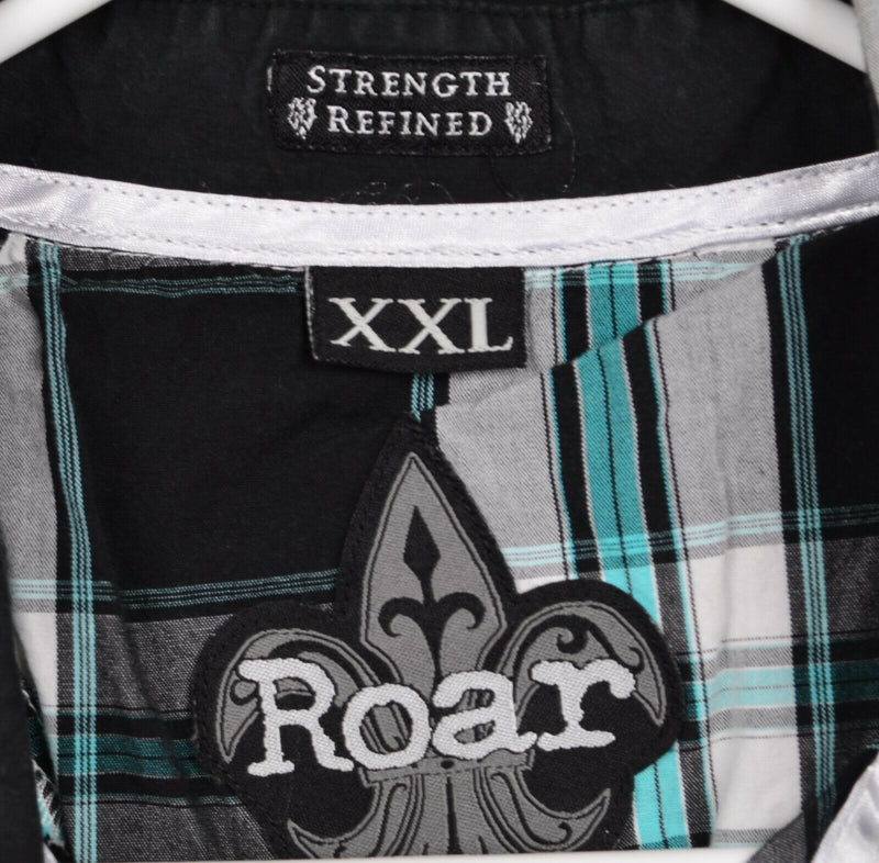 ROAR Men's Sz 2XL Black Teal Plaid Embroidered Province Shirt