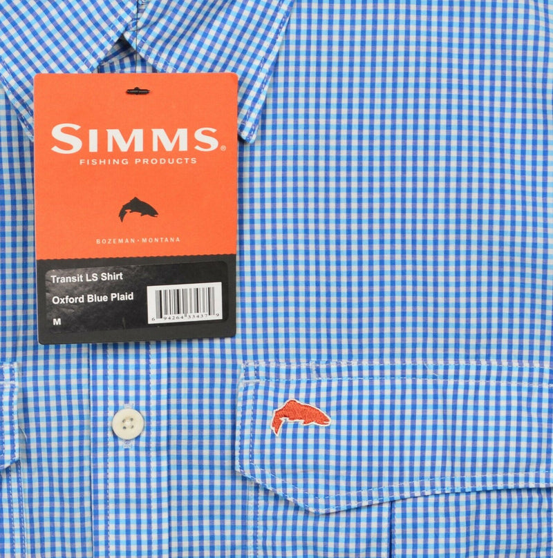 Simms Men's Medium Fishing Oxford Blue Plaid Check Long Sleeve Transit LS Shirt