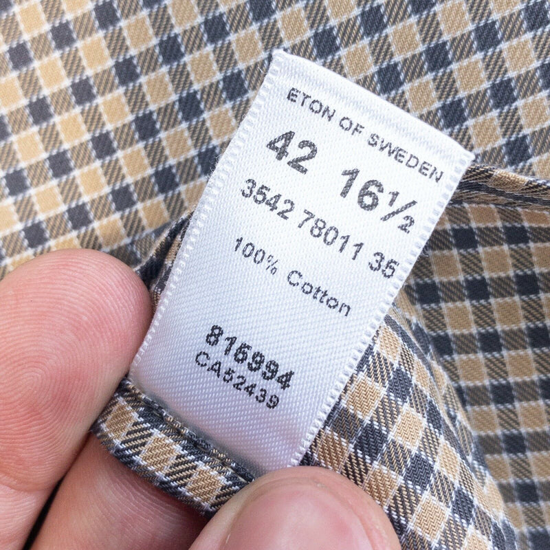 ETON Men's 16.5/42 (Large) Brown Navy Blue Plaid Check Button-Front Dress Shirt