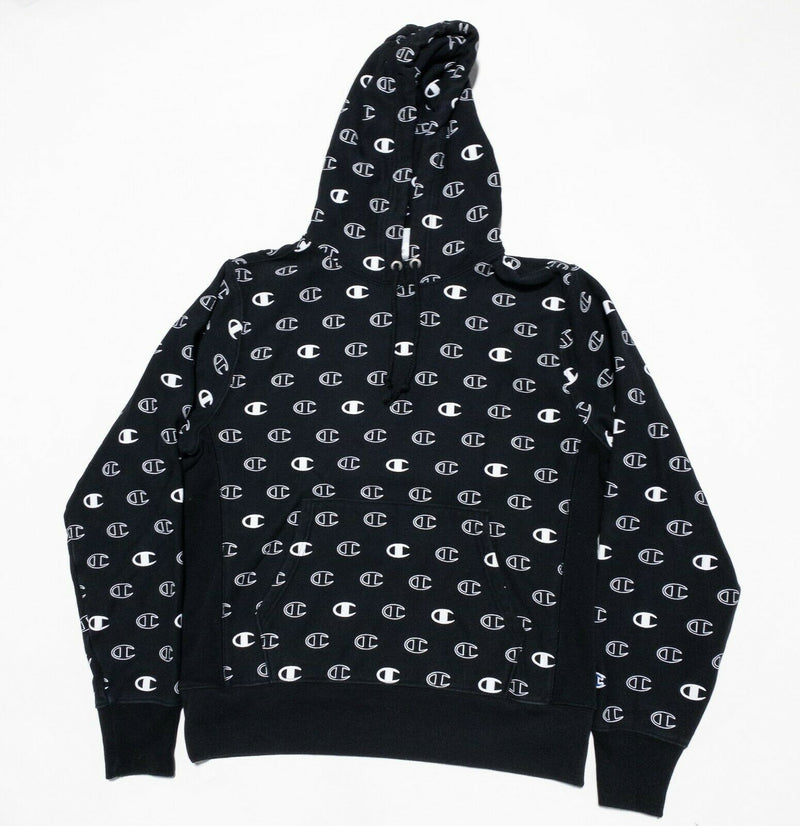 Champion Reverse Weave Men's Medium Logo All Over Print Black Hooded Sweatshirt