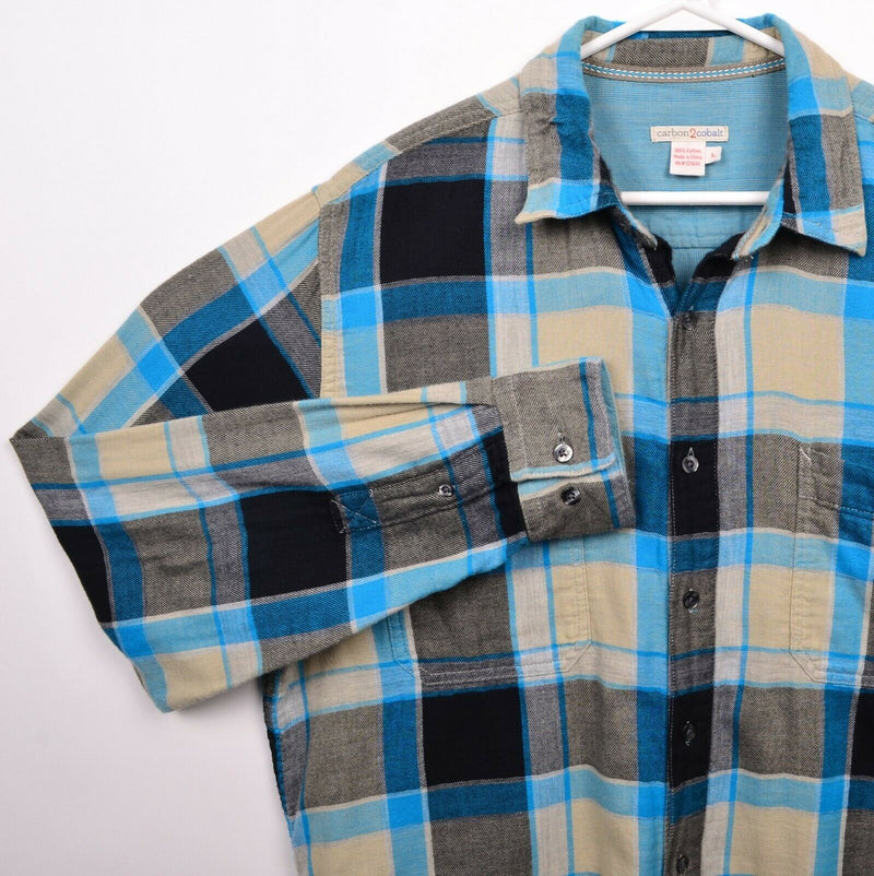 Carbon 2 Cobalt Men's Large Blue Gray Cream Yellow Plaid Button-Front Shirt