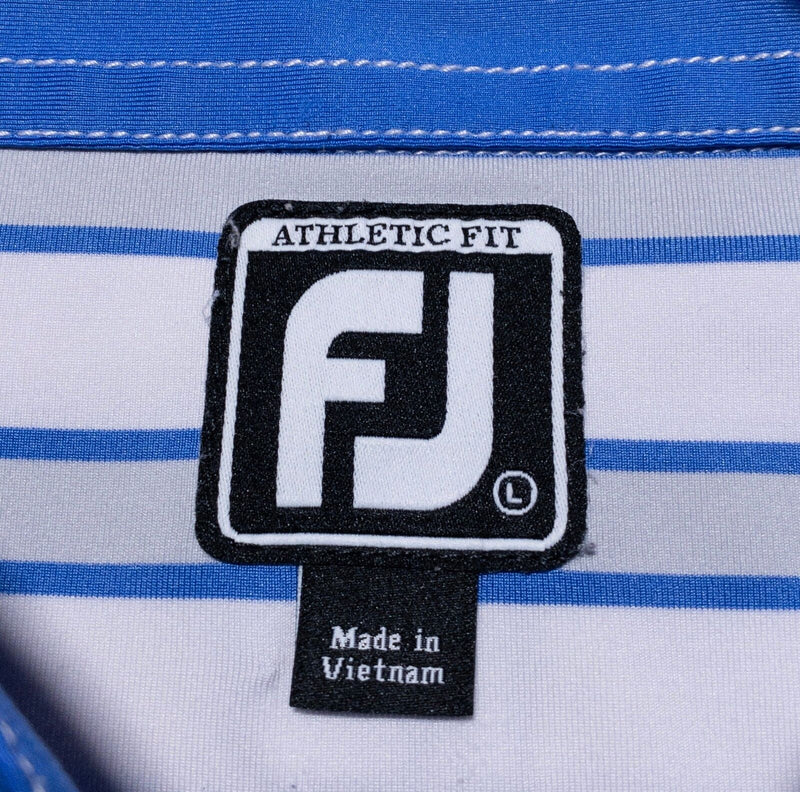 FootJoy Golf Shirt Men's Large Athletic Fit White Blue Striped Wicking Polo