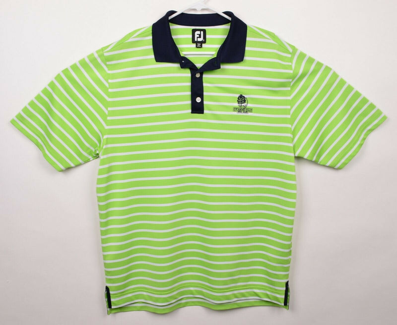 FootJoy Men's Sz Large Lime Green Striped Navy Blue Accent Golf Polo Shirt