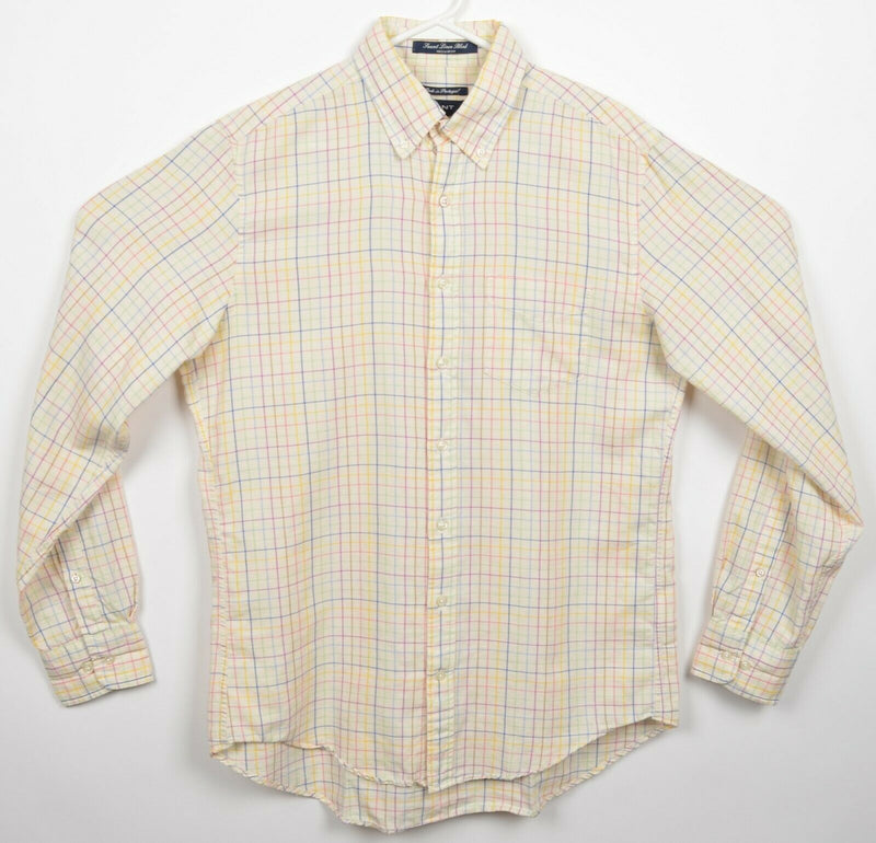 GANT Men's Medium Sunset Linen Blend Yellow Colorful Check Button-Down Shirt