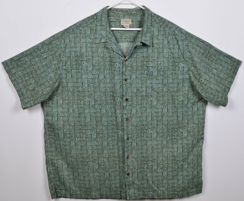 L.L. Bean Men's 2XLT Tall Green Aztec Geometric Button-Front Hawaiian Shirt