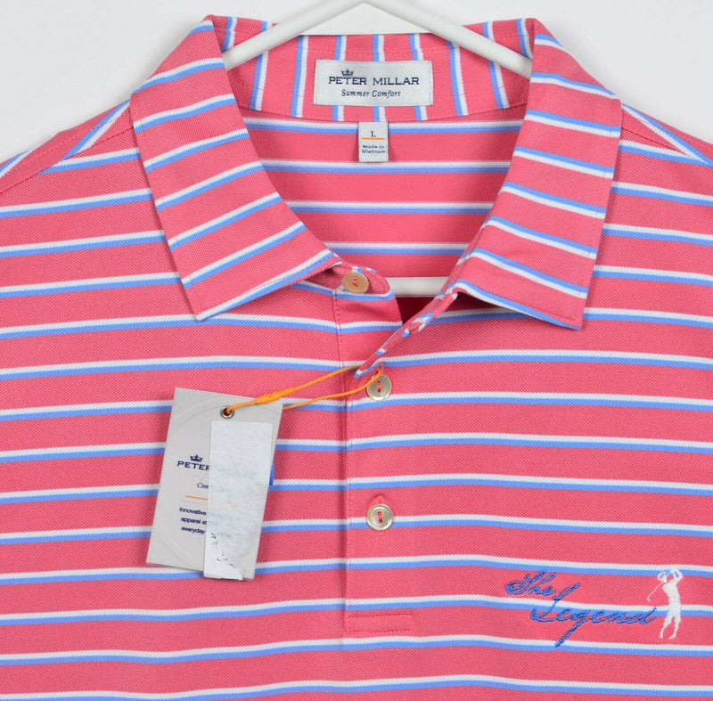 Peter Millar Summer Comfort Men's Large Pink Striped Wicking Golf Polo Shirt