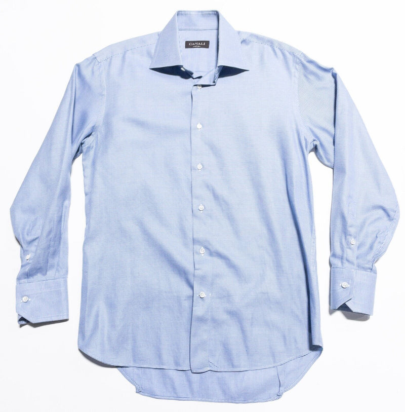 Canali Dress Shirt Men's 15/38 Houndstooth Blue Plaid Long Sleeve Italy Designer