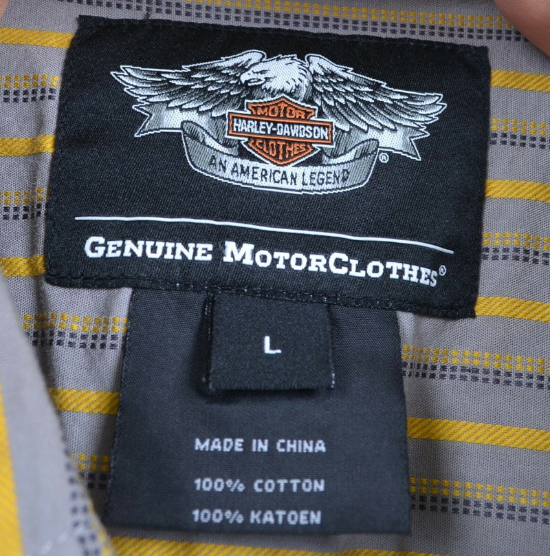 Harley-Davidson Men's Sz Large Gray Yellow Striped Garage Mechanic Biker Shirt