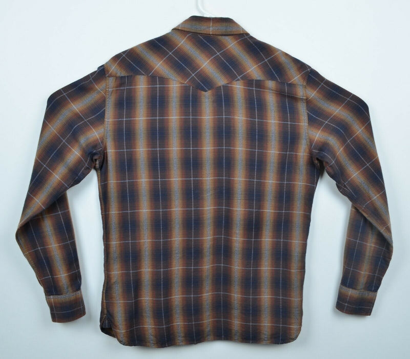 AllSaints Men's Sz Medium Pearl Snap Brown Golf Plaid Long Sleeve Western Shirt
