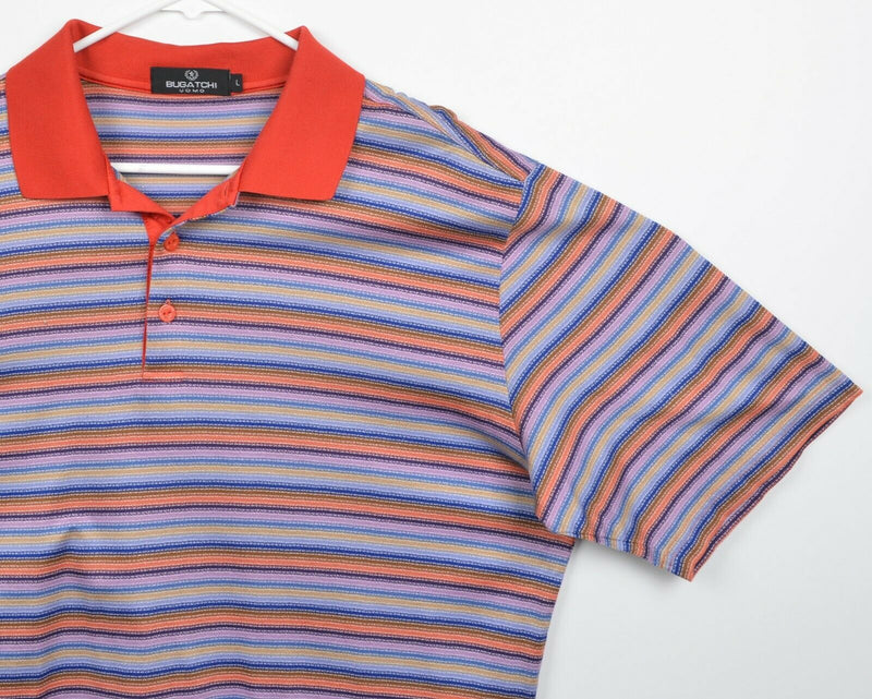 Bugatchi Uomo Men's Sz Large Striped Purple Yellow Blue Orange S/S Polo Shirt