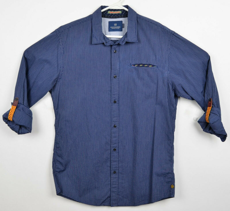Scotch & Soda Men's Large Regular Fit Blue Pinstripe Roll-Tab Button-Front Shirt