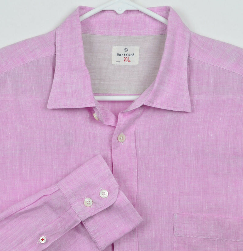 Hartford Men's Sz XL 100% Linen Solid Pink Long Sleeve Button-Front Shirt