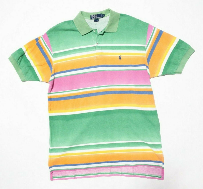 Polo Ralph Lauren Large Men's Polo Shirt 90s Multi-Color Striped Pink Green Pony