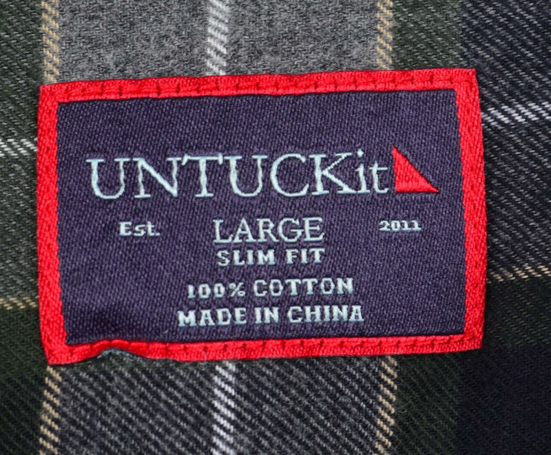 UNTUCKit Men's Sz Large Slim Fit Navy Blue Gray Green Plaid Flannel Shirt