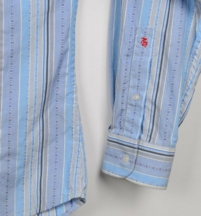 Robert Graham Men's Large Flip Cuff Blue White Striped Ruffle Dress Casual Shirt
