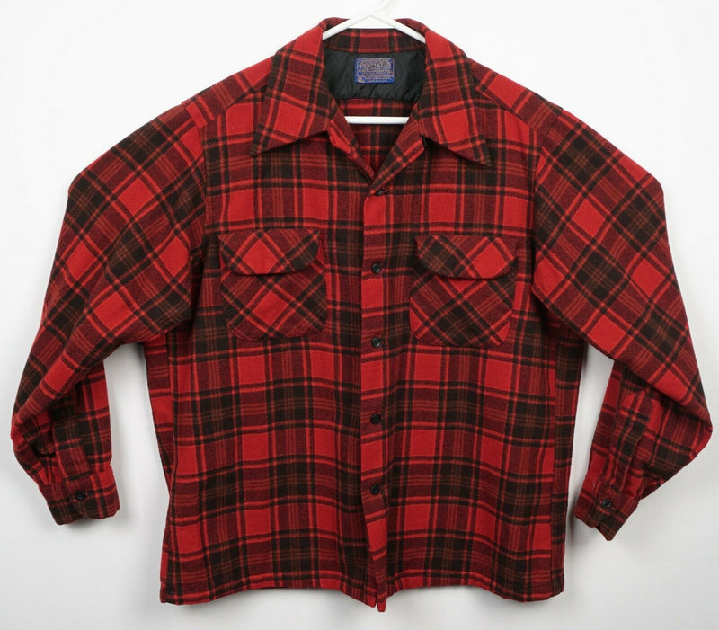 Vintage 80s Pendleton Men's Large Wool Red Plaid Flannel Loop Collar Board Shirt