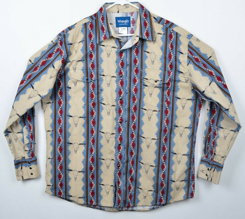 Wrangler Men's XL Pearl Snap Cattle Skull Aztec Geometric Pattern Western Shirt