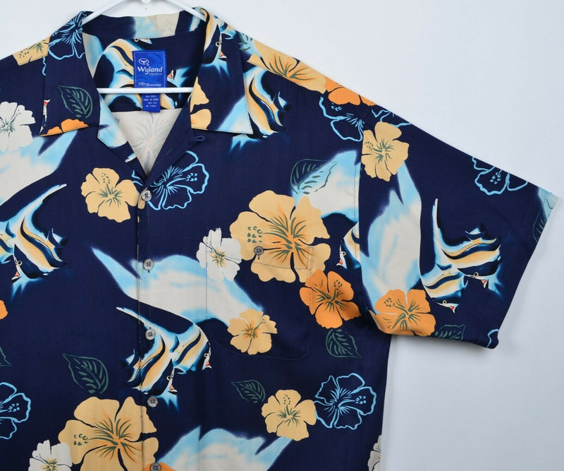 AFTCO Wyland Signature Men's Sz 2XL 100% Silk Blue Floral Fish Hawaiian Shirt