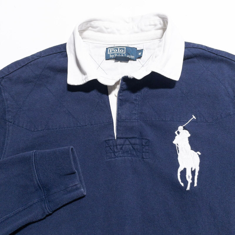 Polo Ralph Lauren Rugby Shirt Mens Medium Big Pony Navy Blue Embroidered Vintage