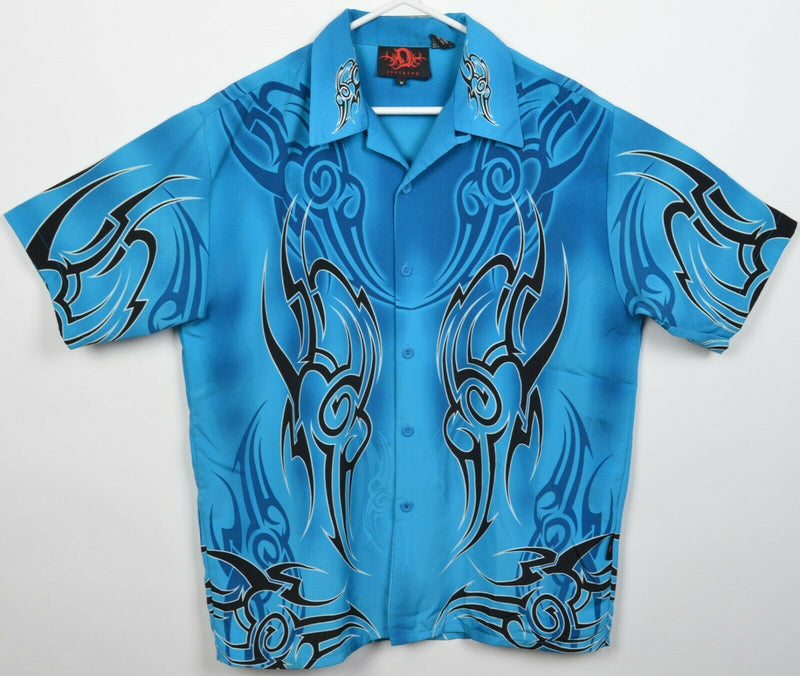Dragonfly Clothing Men's Medium Blue Tribal Flames Y2K 90s Polyester Camp Shirt
