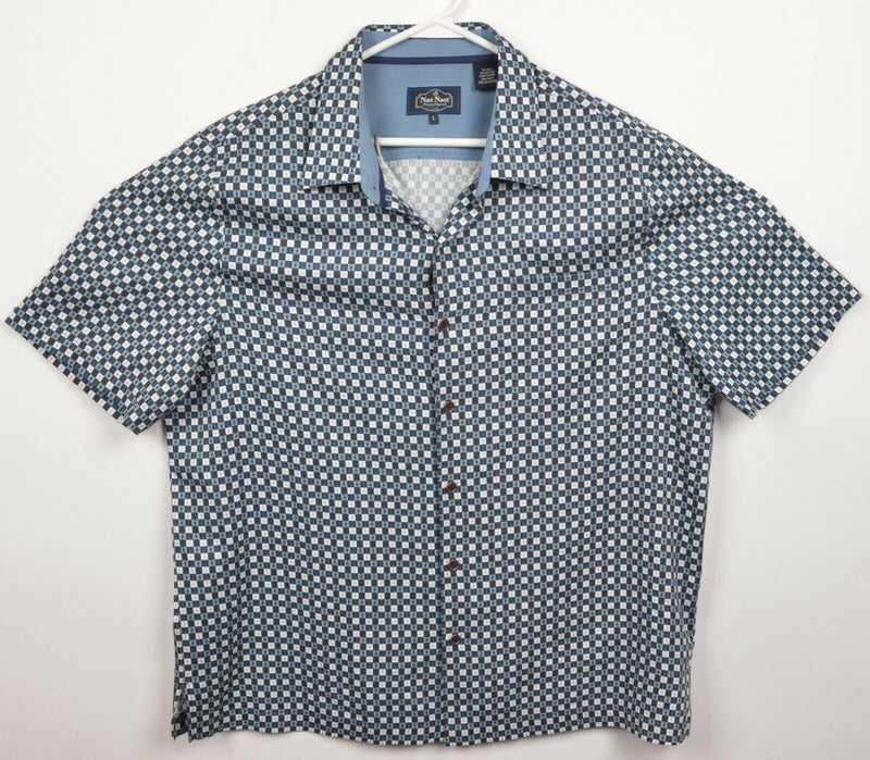 Nat Nast Men's Large Silk Blend Geometric Blue Check Hawaiian Camp Shirt