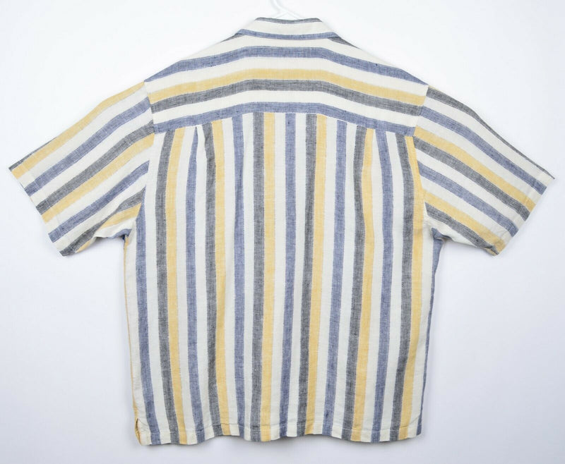 Bohio Men's Sz 2XL 100% Linen Blue Yellow Striped Short Sleeve Camp Shirt