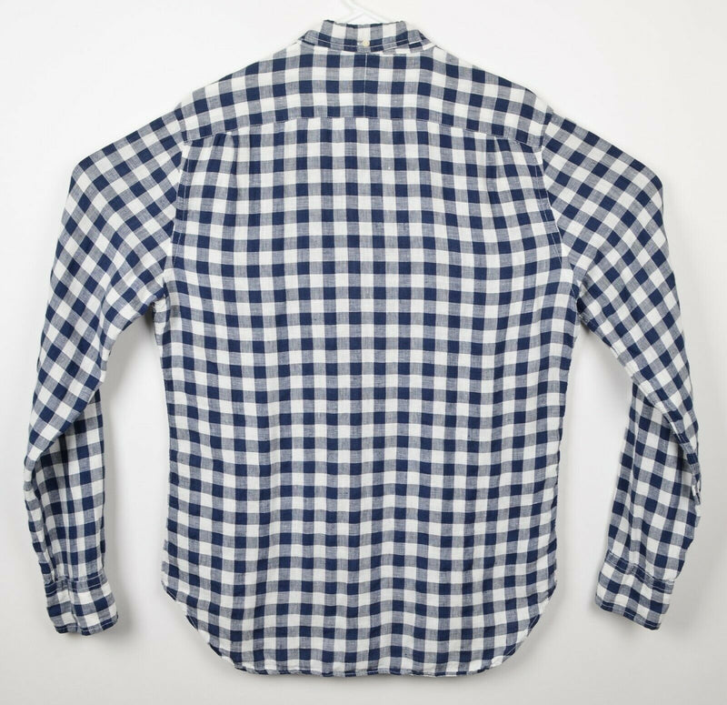 Club Monaco Men's Sz Large Slim Fit 100% Linen Blue White Buffalo Plaid Shirt