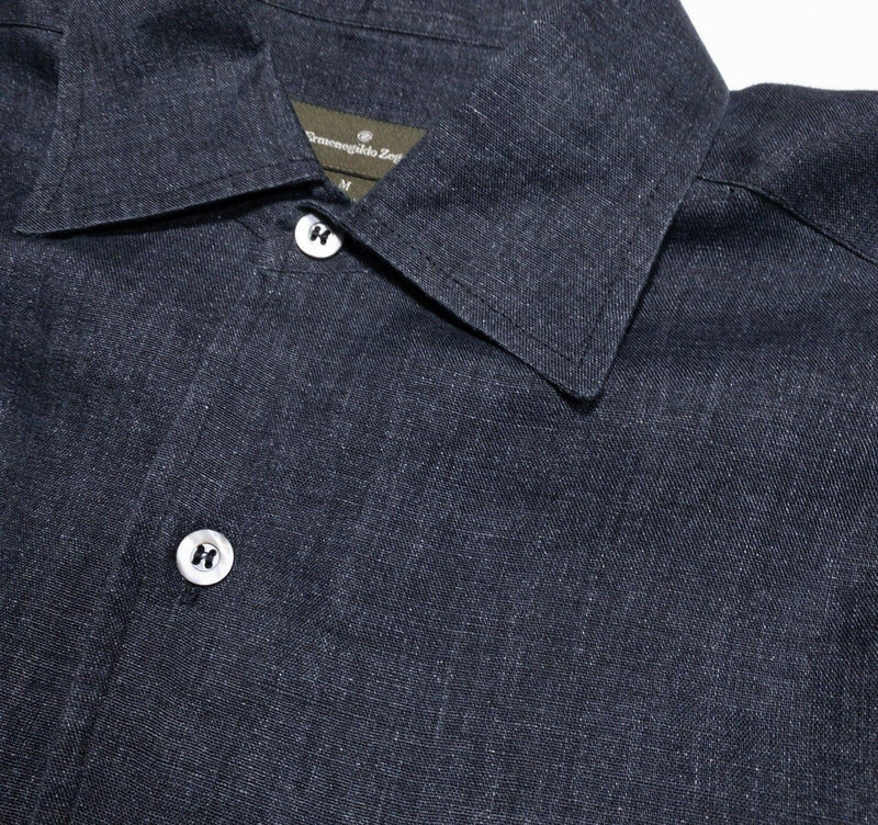 Ermenegildo Zegna Linen Shirt Medium Men's Long Sleeve Navy Blue Italy Designer