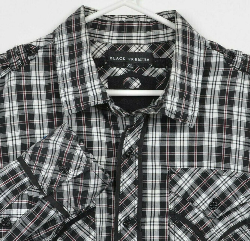 Affliction Black Premium Men's XL Seek & Destroy Skull Black Plaid Button Shirt