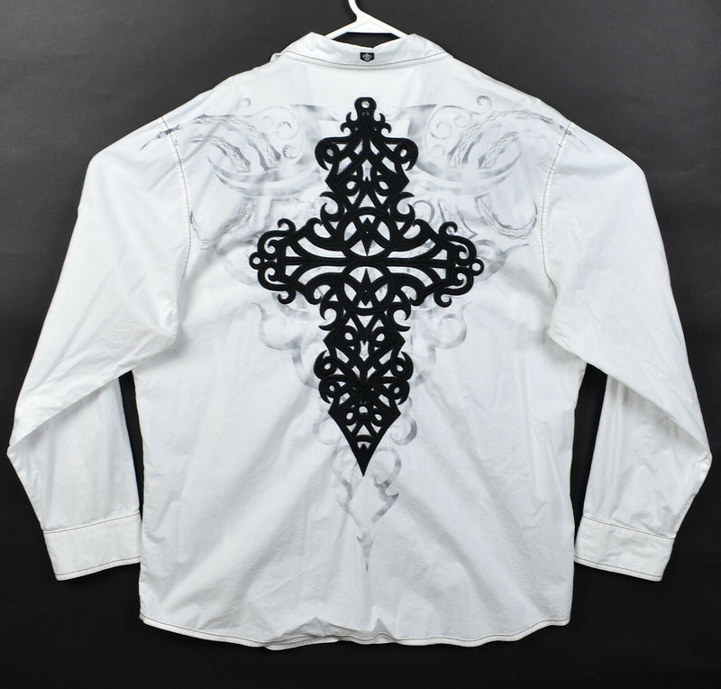 Roar Men's 3XL Tribal Cross White Black Embroidered Rock Button-Front Shirt