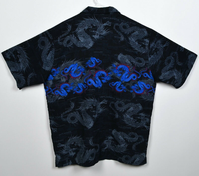 ODO Men's XL Chinese Dragon Black Blue All Over Polyester 90s Y2K Camp Shirt
