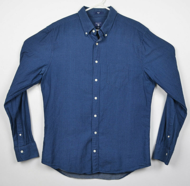 GANT Men's XL Indigo Fitted Navy Blue Polka Dot Long Sleeve Button-Down Shirt